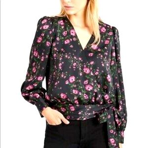 Banana Republic V-neck wrap top with long tie/bow, black with pink flowers